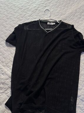 Topman Black Mesh V-Neck Tee with White Trim